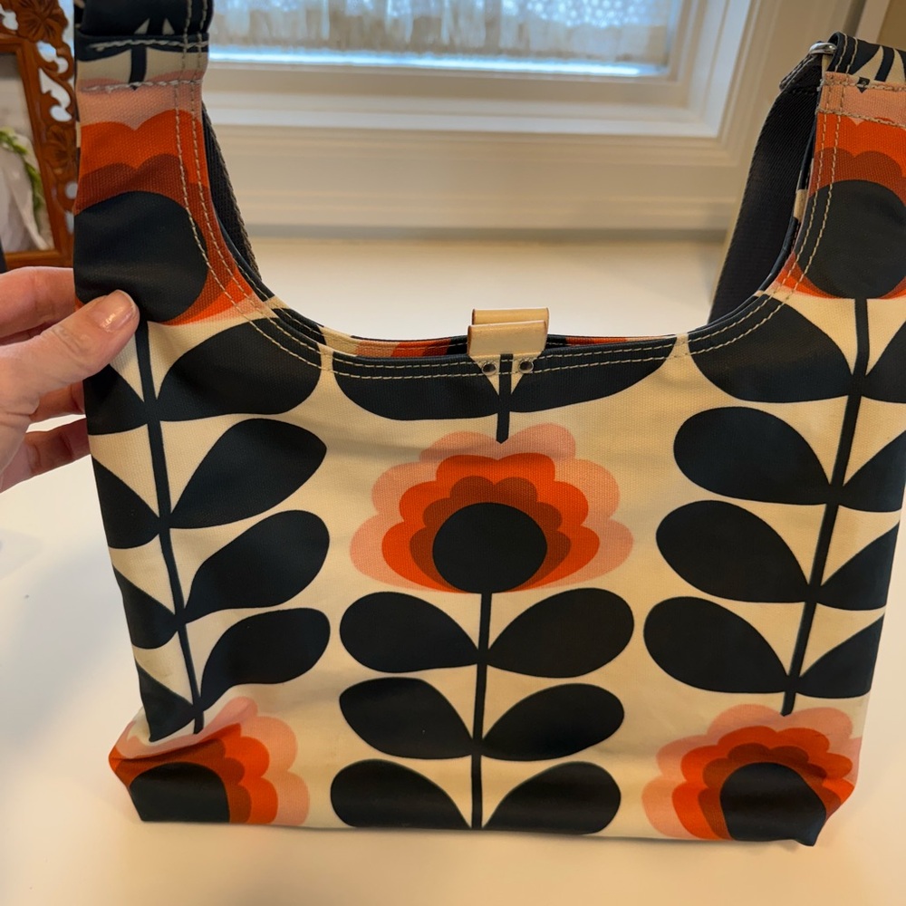 Orla Kiely Cream and Black Shoulder Bag with Orange Floral Pattern